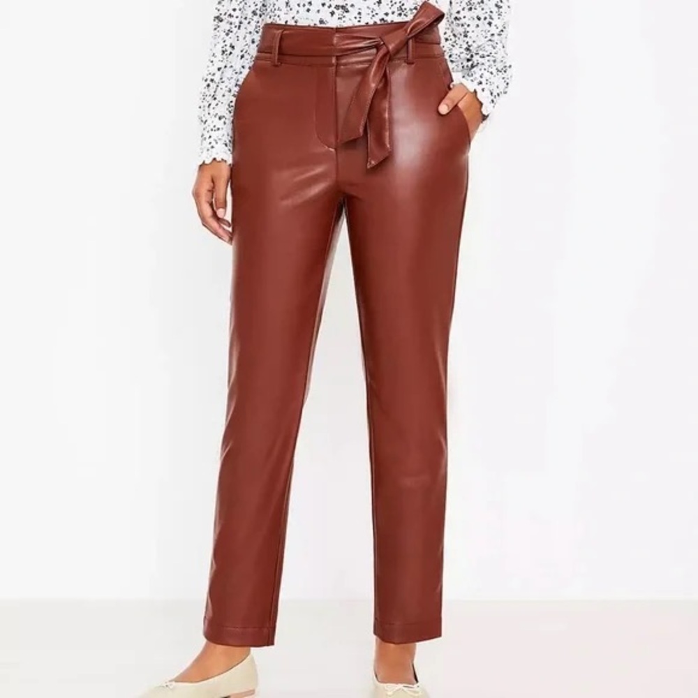 LOFT Tie Waist Faux Leather Pants Curvy Cinnamon 12